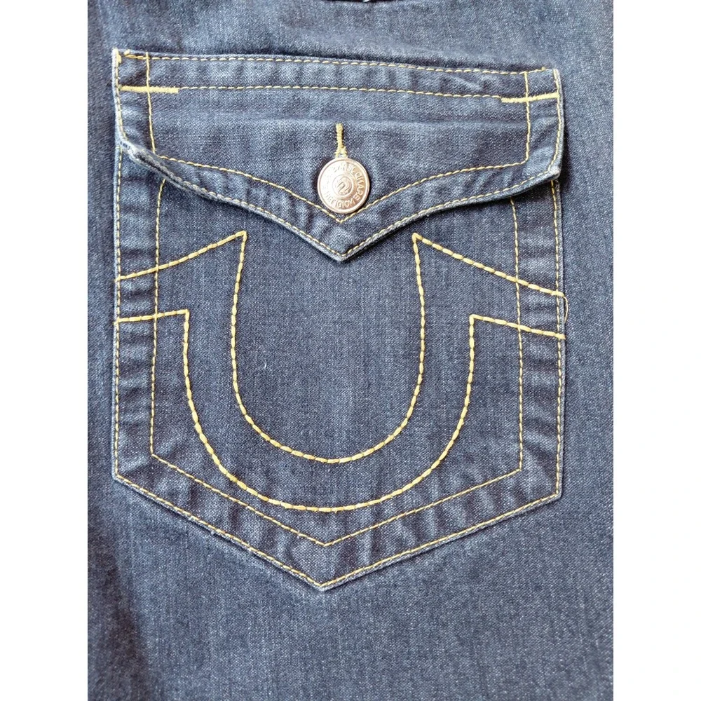 True Religion Billy Super T Mens Straight Leg Jeans Blue Yellow Stitch USA 36